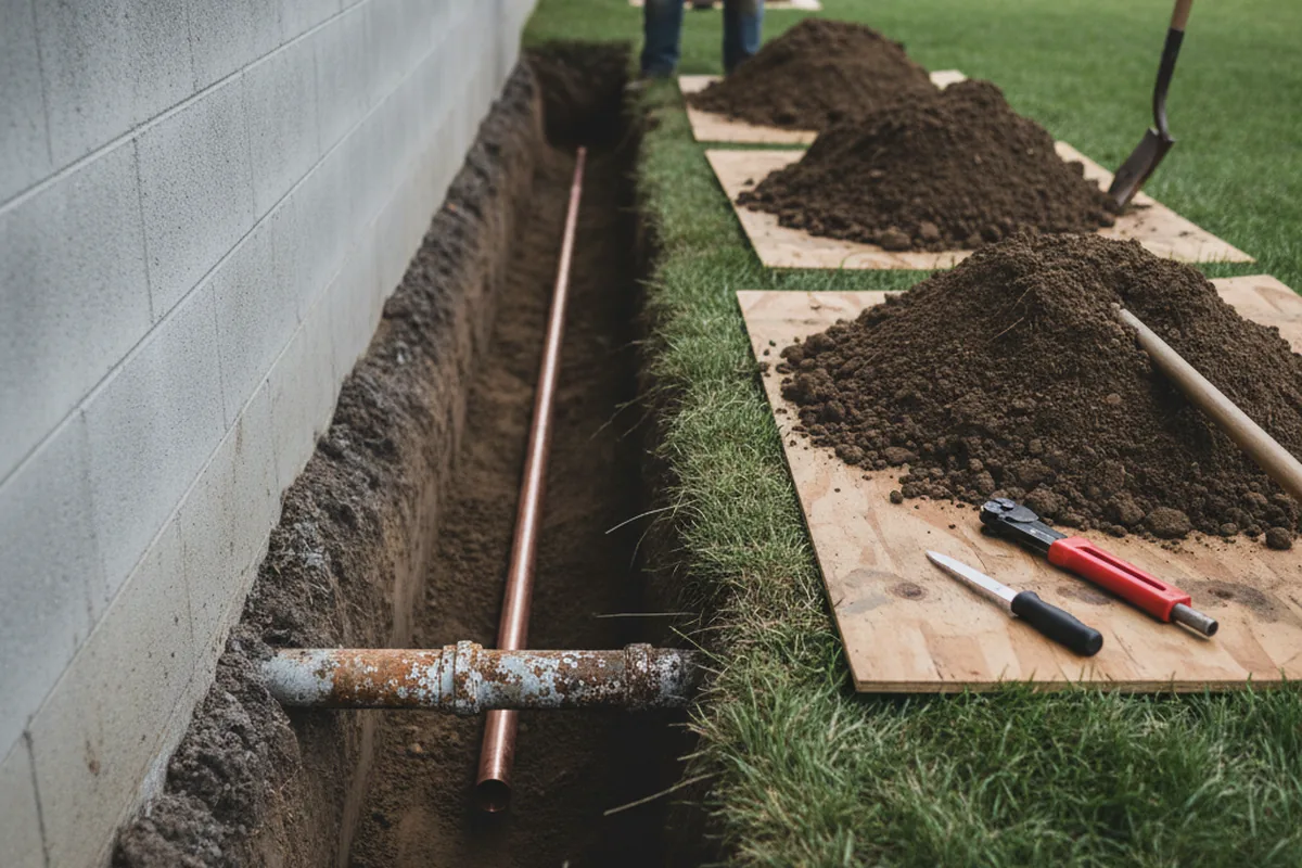 Excavated water line trench during Sewer Line Repair in Woonsocket